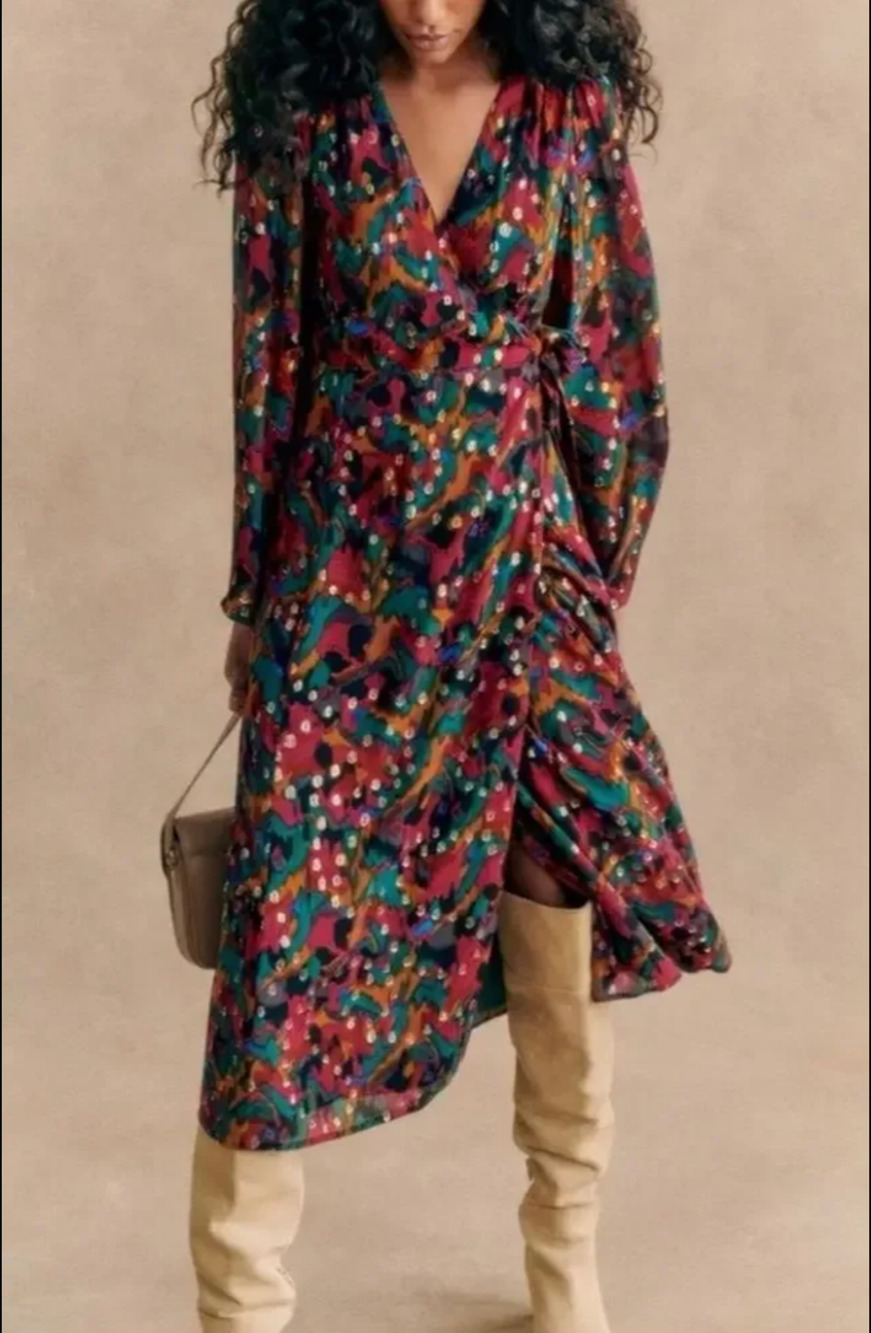 Sézane | NWT Linoy Wrap Midi Dress in Lucky Print Long Sleeve | Sz US 2 FR34